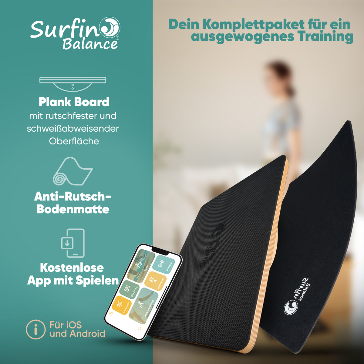 Surfin Balance - Plank Board inkl. Workout-Kursen und interaktiver App