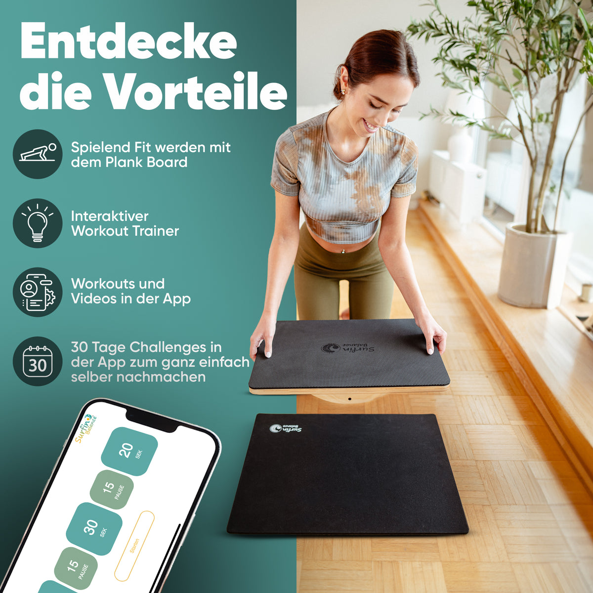 Surfin Balance - Plank Board inkl. Workout-Kursen und interaktiver App