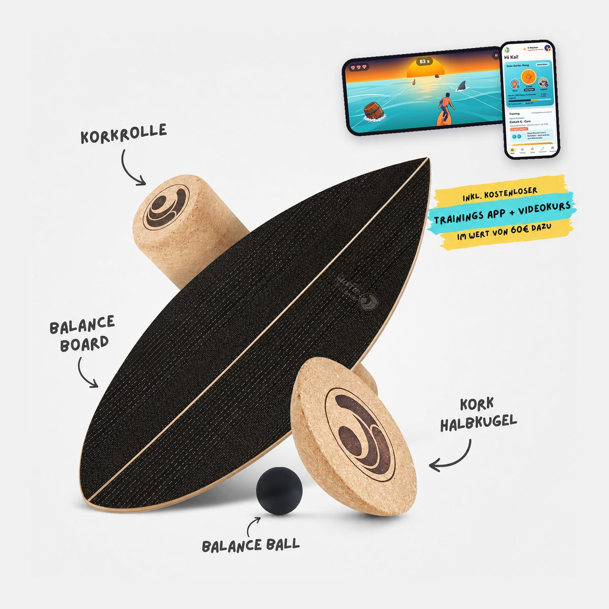 Surfin Balance Board Komplett-Set Black Wood mit Kork-Rolle, Kork-Halbkugel, Balance-Ball und der Surfin Balance App