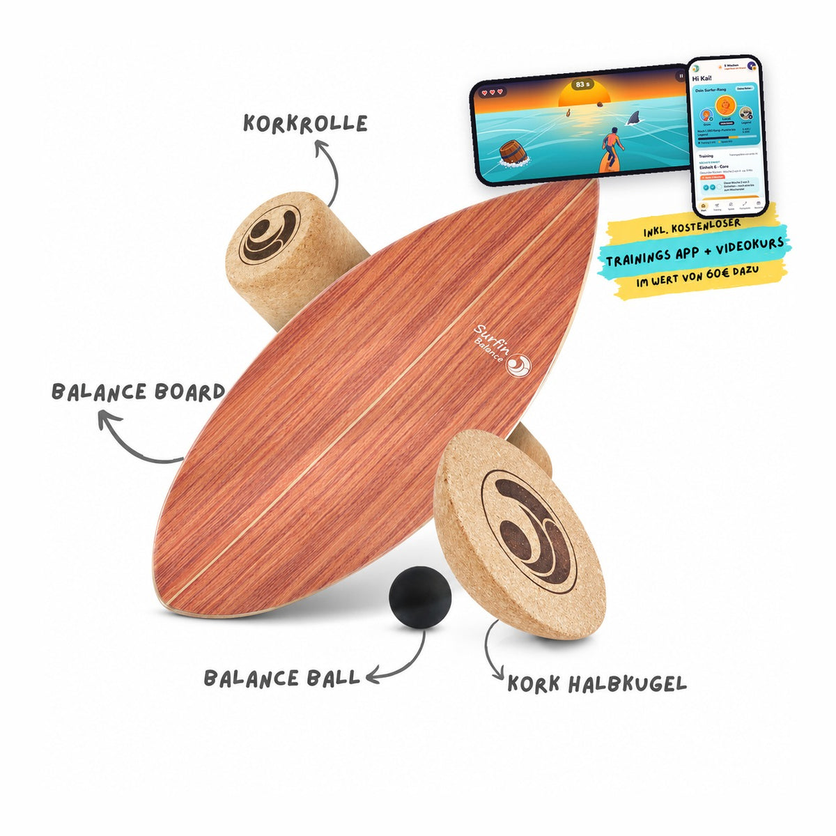 Surfin Balance Board Komplett-Set Brown Wood mit Kork-Rolle, Kork-Halbkugel, Balance-Ball und der Surfin Balance App
