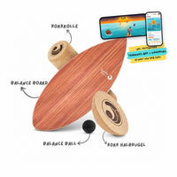 Surfin Balance Board Komplett-Set Brown Wood mit Kork-Rolle, Kork-Halbkugel, Balance-Ball und der Surfin Balance App
