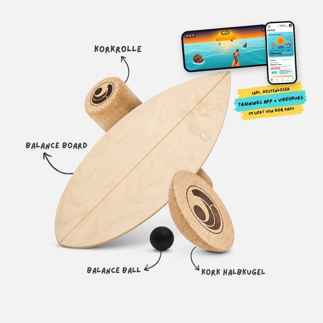 Surfin Balance Board Komplett-Set DIY Natural Wood mit Kork-Rolle, Kork-Halbkugel, Balance-Ball und der Surfin Balance App