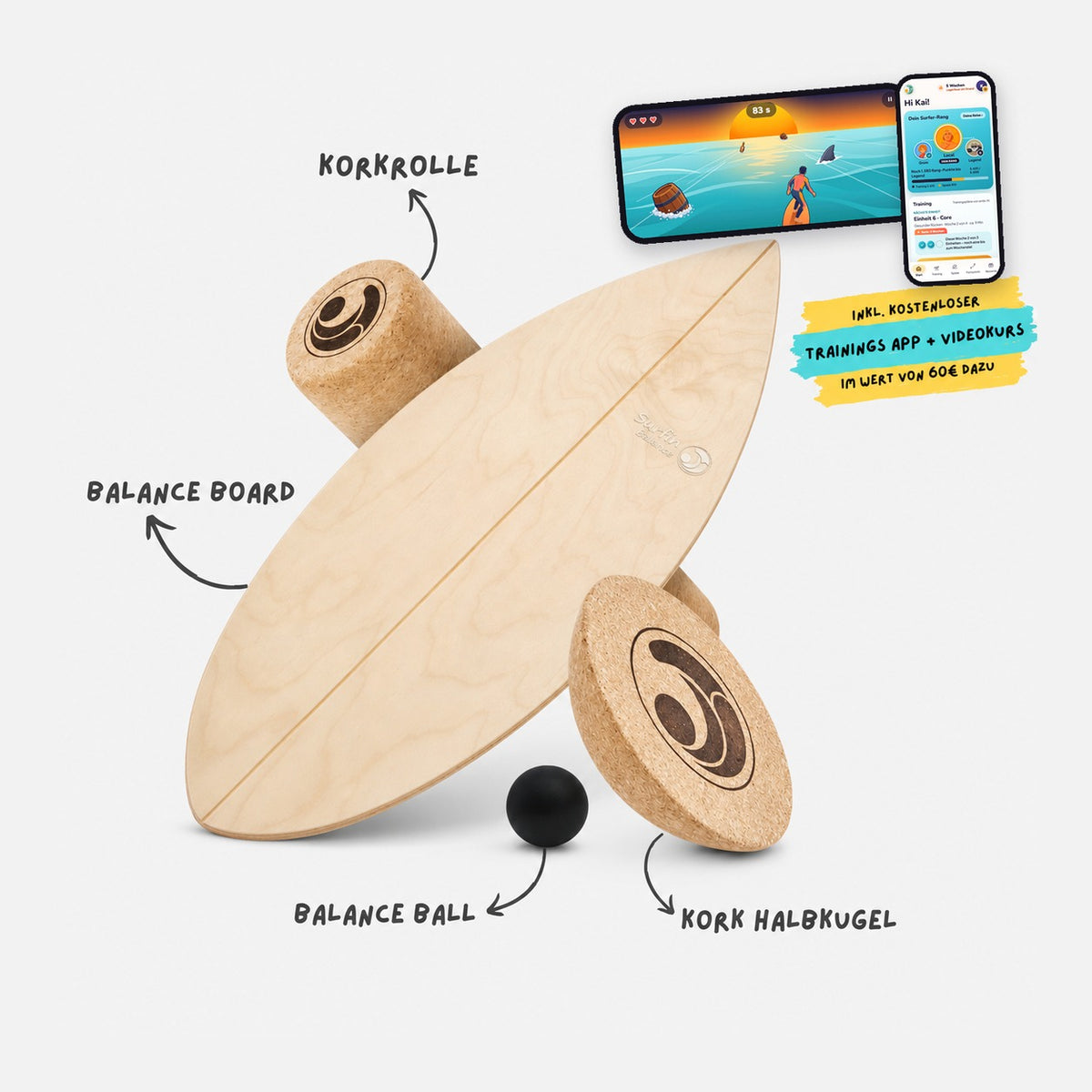 Surfin Balance Board Komplett-Set DIY Natural Wood mit Kork-Rolle, Kork-Halbkugel, Balance-Ball und der Surfin Balance App