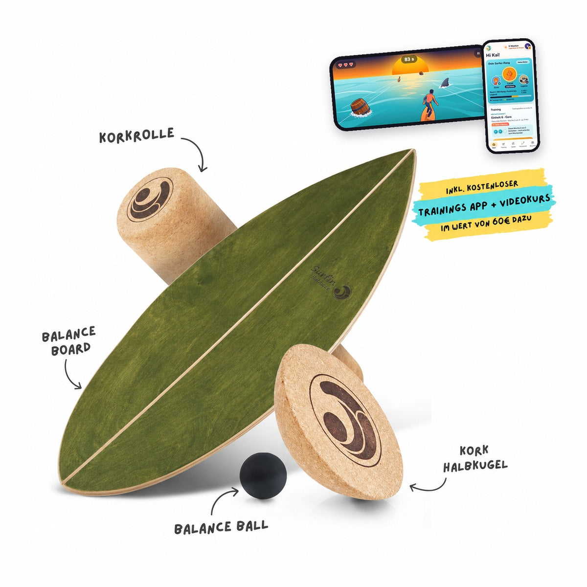 Surfin Balance Board Komplett-Set Leafy Green mit Kork-Rolle, Kork-Halbkugel, Balance-Ball und der Surfin Balance App