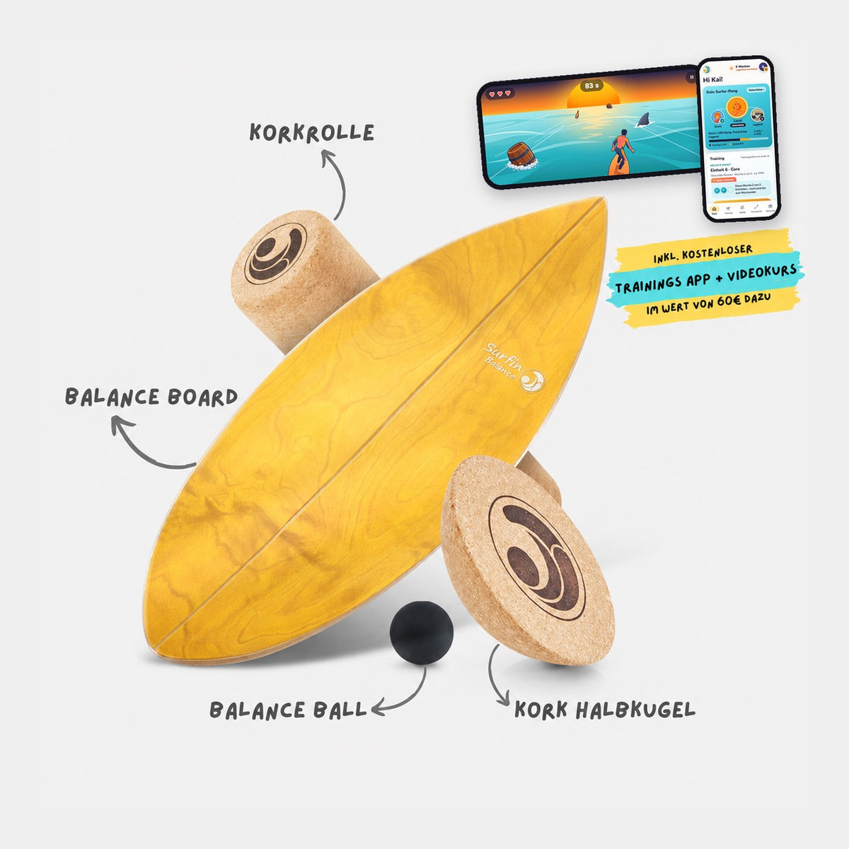 Surfin Balance Board Komplett-Set Sun Yellow mit Kork-Rolle, Kork-Halbkugel, Balance-Ball und der Surfin Balance App